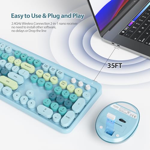 Image of Fogruaden Blue Keyboard and Mouse Wireless, Retro Typewriter Keyboard, 2.4GHz 104 Keys Full Size Cute Keyboard with Number Pad, Blue Colorful Keyboard with Retro Round Keycaps for Windows PC Laptop