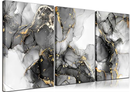 3Pcs Abstract Marble Wall Art Black and Gold Bathroom Decor