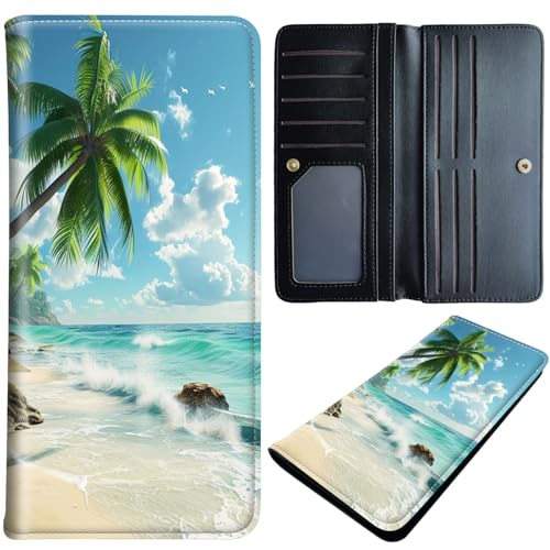 Slim Leather Long Wallet for Men & Women, Breast Pocket Wallet, Credit Cards Mens, Leather Wallets Bifold Wallets for Men RFID Blocking Bifold Stylish Wallet, Beach Coconut Trees