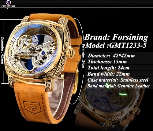 Image of FORSINING Men's Luxury Square Carving Mechanical Watch, Retro Totem Double Sided Hollow Skeleton Self-Wind Automatic Watches, Vintage Leather Strap Wristwatch Reloj para Hombre