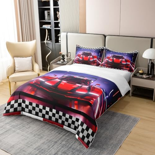 Homemissing Race Car 100% Cotton Duvet Cover Cool Speed Racing Car Bedding Set for Kids Boys Girls Home Decor Automobile Extreme Sport Comforter Cover Set Black White Grid Quilt Cover Single - Image 2