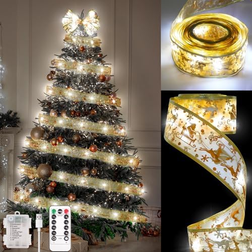 Christmas Tree Decorations, 64Ft 200 LED Christmas Tree Copper Wire Ribbon Bows Lights with 8 Lighting Modes, Battery Operated & USB Powered Fairy String Lights with Timer for Xmas Tree Decor