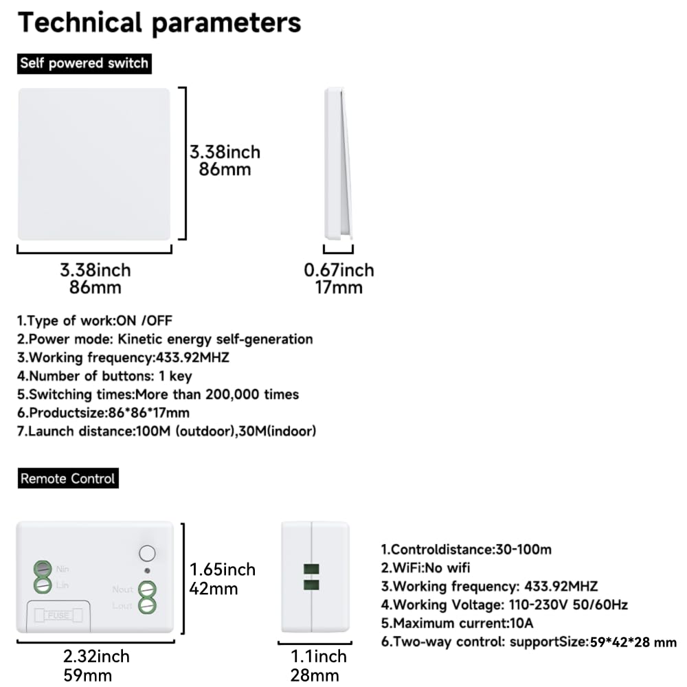 RF433 Interrupteur sans fil kit radio interrupteurs sans fil pour eclairage interupteurs cinetiques sans fil sans pile telecommande a bouton (1Gang 2V1 White)
