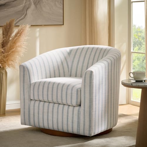Image of HULALA HOME Modern Swivel Accent Chair with Solid Wood Base, Round Swivel Barrel Chair with Striped Pattern, No Assembly Required, Blue