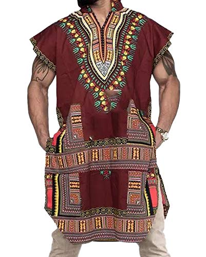 Taoliyuan Mens Dashiki Poncho African Print Longline Shirt Hooded Short Sleeve Casual Cloak