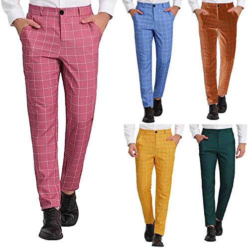 Mens Chinos Slim Fit Stretch Flat-Front Skinny Plaid Dress Pants Business Work Suit Tapered Pants Casual Golf Pants Trousers2