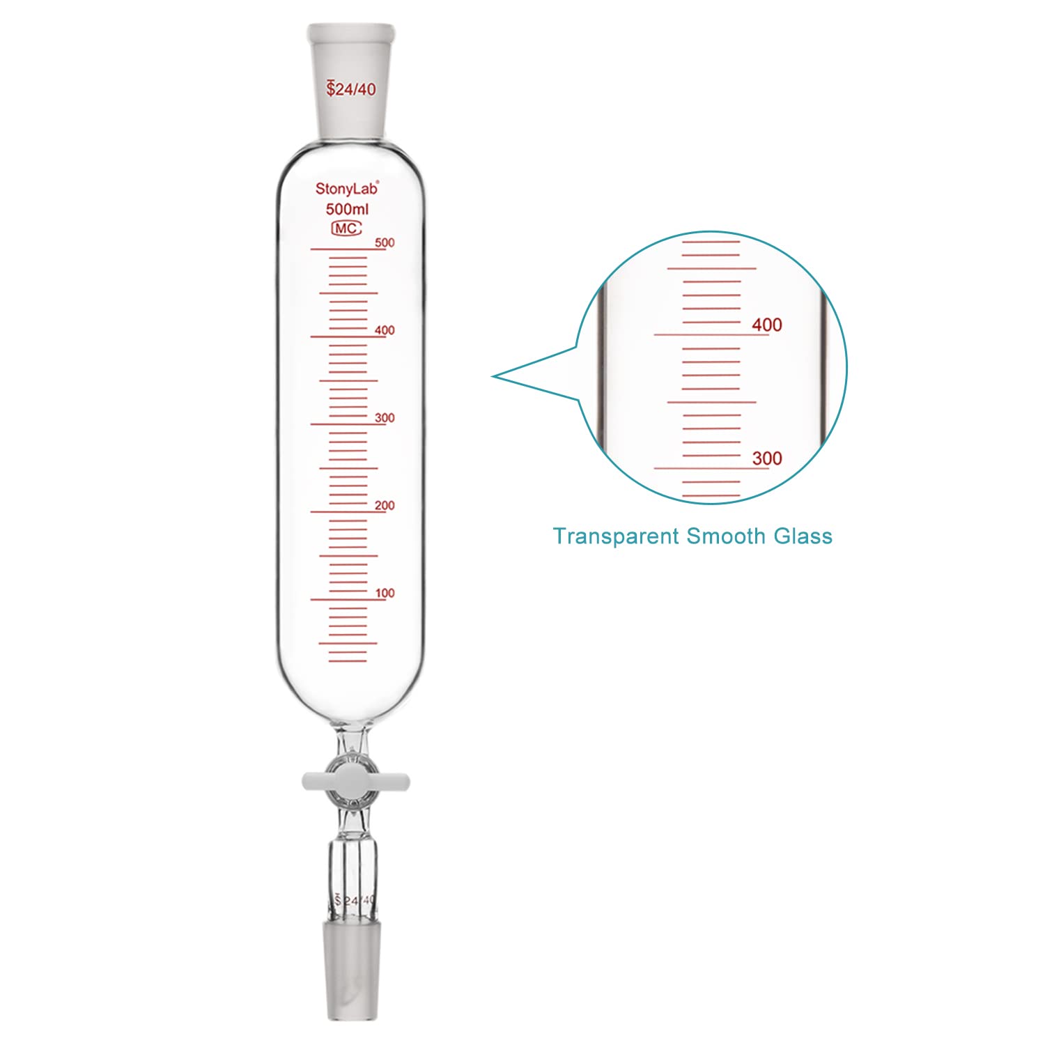 stonylab Embudo de adición, Embudo de Goteo Graduado de Vidrio de Borosilicato Junta 24/40 con Llave de Paso de PTFE para Laboratorio Embudo Adicional, 500 ml