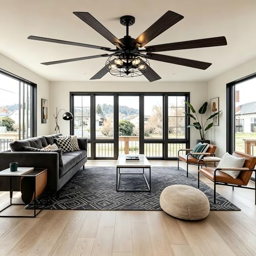 Image of 72 inch Farmhouse Ceiling Fan with Lights Remote, Rustic Ceiling Fan | Black Caged Fandelier, Large Industrial Chandelier Light for Living Room Indoor Covered Outdoor, 5 E26 Bulbs (Not Included)