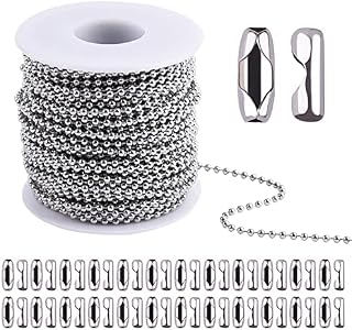 WXJ13 66Feet Ball Bead Chain, Beaded Dog Tag Chain, Stainless Steel Bead Ball Chain Roll with 50pcs Matching Connector Clasps fot Jewelry Making DIY Crafts, Silver, 2.4mm