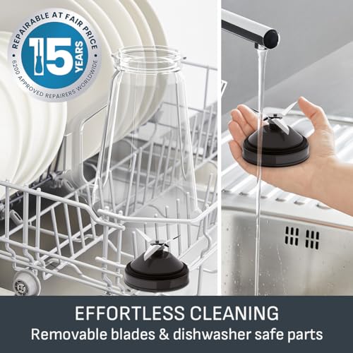 Tefal Blendforce II Blender, 2L Plastic Jug, 1.25L Effective Capacity, 600W, 4 Removable Stainless Steel Blades, Smoothie, Ice Crush, 2 Speeds + Pulse, Kitchen Shakes Maker, Black, BL420840 - Image 4