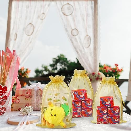 Image of Windyun 100 Pcs Gold Large Organza Bags Bulk 12 x 8 Inch Sheer Mesh Drawstring Gift Packaging Pouch Bags for Christmas Wedding Game Party Favor Supplies