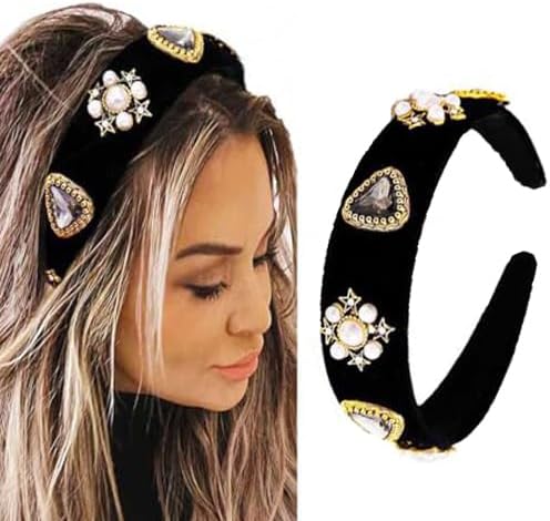 Black Baroque Headbands Pearl Rhinestones Wide Headband Velvet Jeweled Hair accessories for Women (Elegant)