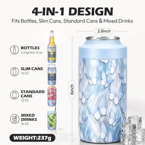 Image of 4-in-1 Slim Can Cooler Easy to Hold Insulated Beer Can Holder Double-Walled Stainless Steel for All 12 Oz Cans Blue Butterfly