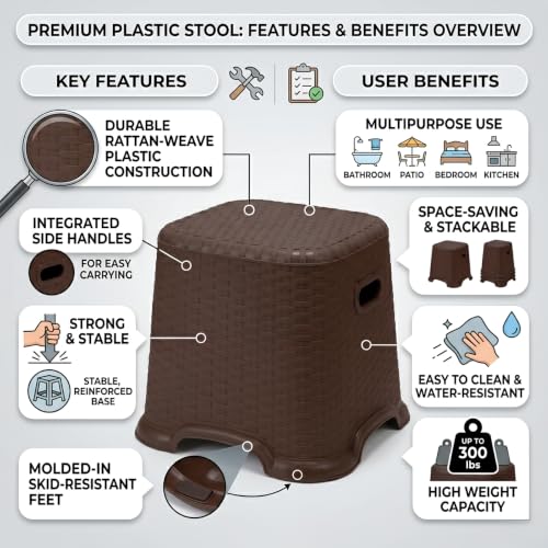 Image of LuxuryBase Stool for Kitchen Bathroom,10.62 inch (Brown) | Classic, Perfect Posture, Plastic, Pack of 1 pcs
