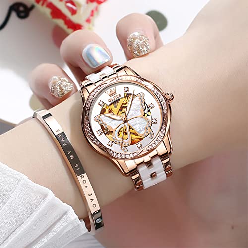 OLEVS Automatic Watch for Women Butterfly Watch Two Tone Ceramic Stainless Steel Self Winding Womens Skeleton Watches Luxury Diamond Analog Watch Women White Mother of Pearl Large Face Waterproof