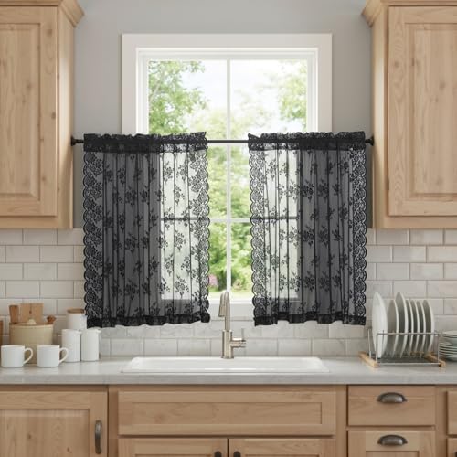 Kotile Black Lace Curtains 45 Inch Length 2 Panels Set, Country Rustic Gothic Floral Vintage Sheer Curtains for Small Window, Rod Pocket Privacy Scalloped Short Sheer Curtain, 52 x 45 Inch
