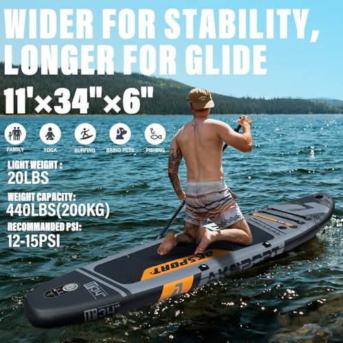 Image of AKSPORT 11' Inflatable Stand-Up Paddle Board with Upgraded SUP Accessories Kit | Extra Wide 34 inch Design | Non-Slip Deck | Premium SUP Board for Adults & Youth of All Levels