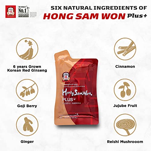 Korean Red Ginseng Energy Boost Drink With Reishi Mushroom, Ginger Extract, Goji Berry [Cheongkwanjang - Hong Sam Won Plus] Caffeine Free Herbal Tea, Increase Productivity, Circulation - 30 Pouches #TOP2