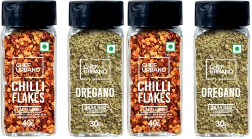 Image of Chef Urbano Combo of Oregano 30g & Chilli flakes 40g Sprinkler | Combo (Pack of 4) | Italian Herbs | Pizza and Pasta Seasoning | Premium Herbs and Spices | Flakes /Leaves | Glass Bottle Sprinkler