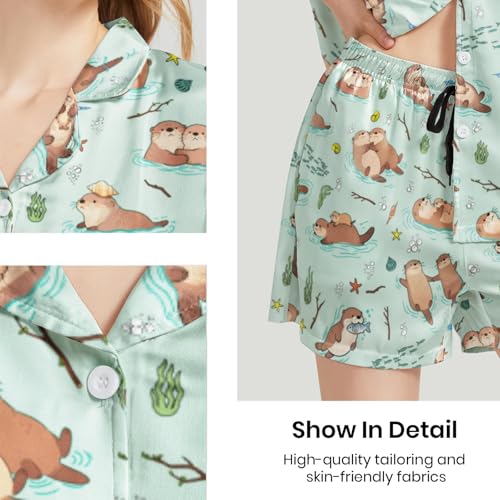 Image of Funny Pajamas for Women Set Print Satin Loungewear Pjs Short Sleeve Button Down Top and Shorts Sets Sleepwear XS-3XL
