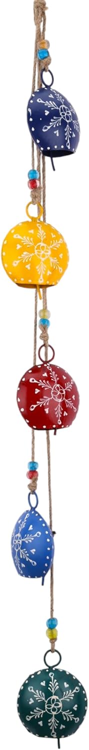 Hand-Painted 25” Wind Chime with 5 Christmas Decorative Jingle Bell – Hanging Ornament – Boho Outdoor & Indoor Decor – Rustic Cow Bells for Garden, Porch, Patio, Entryway, Farmhouse & Gift (Yellow)