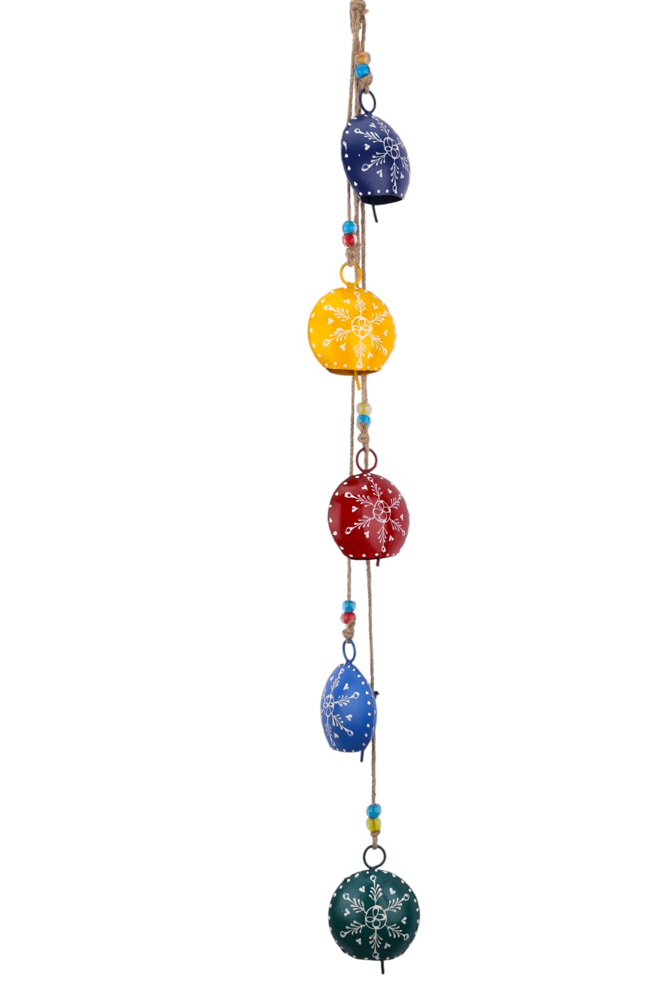 Vivanta 36" Hanging Metal Bells – Hand-Painted Rustic Wind Chime with 5 Large Cowbells on Jute Rope & Glass Beads – Vintage Door Hanging, Fireplace,