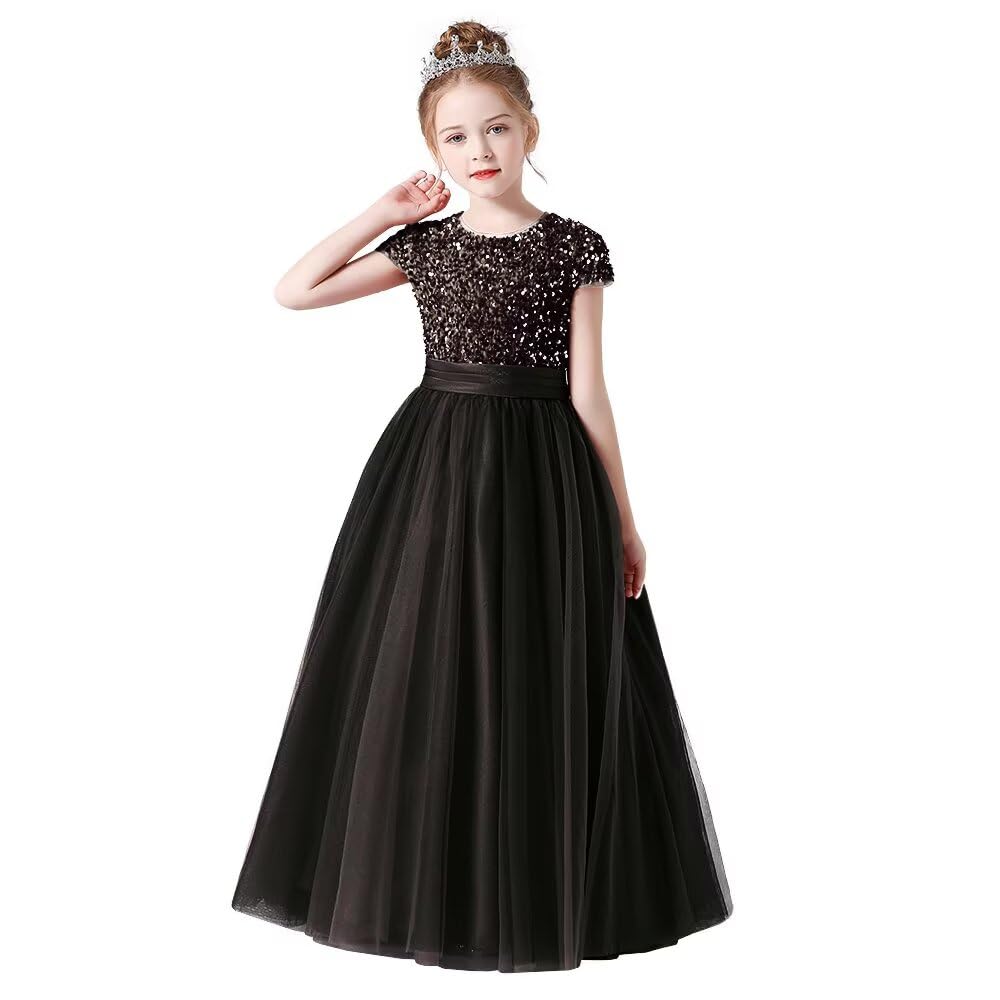 Flower Girl Dresses Wedding Bridesmaid Sequins Tulle Puffy Skirt Girls Birthday Party Pageant Gown Floor Length