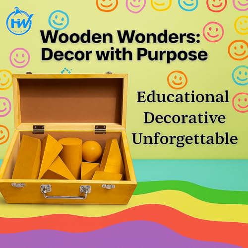 Image of Wooden Geometric Shapes Set for Students & Teachers | 12-Piece 3D Geometry Model Kit in Box | Educational Math & Physics Teaching Aids | Yellow Polished (Yellow, Small)