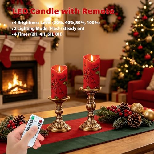 Image of Christmas Flameless Candles Set of 2, Poinsettia Candle with Remote & Timer