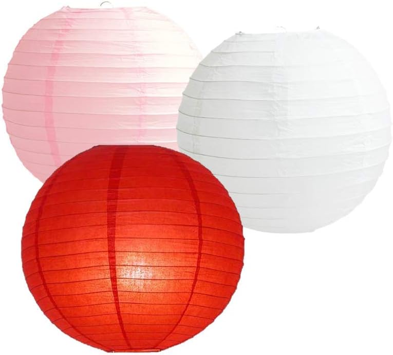 Paper Lanterns Mix Color Packs of 3 Round Paper Lanterns Lampshade Party Decorations (Pink White Shade, 16" (40 cm))