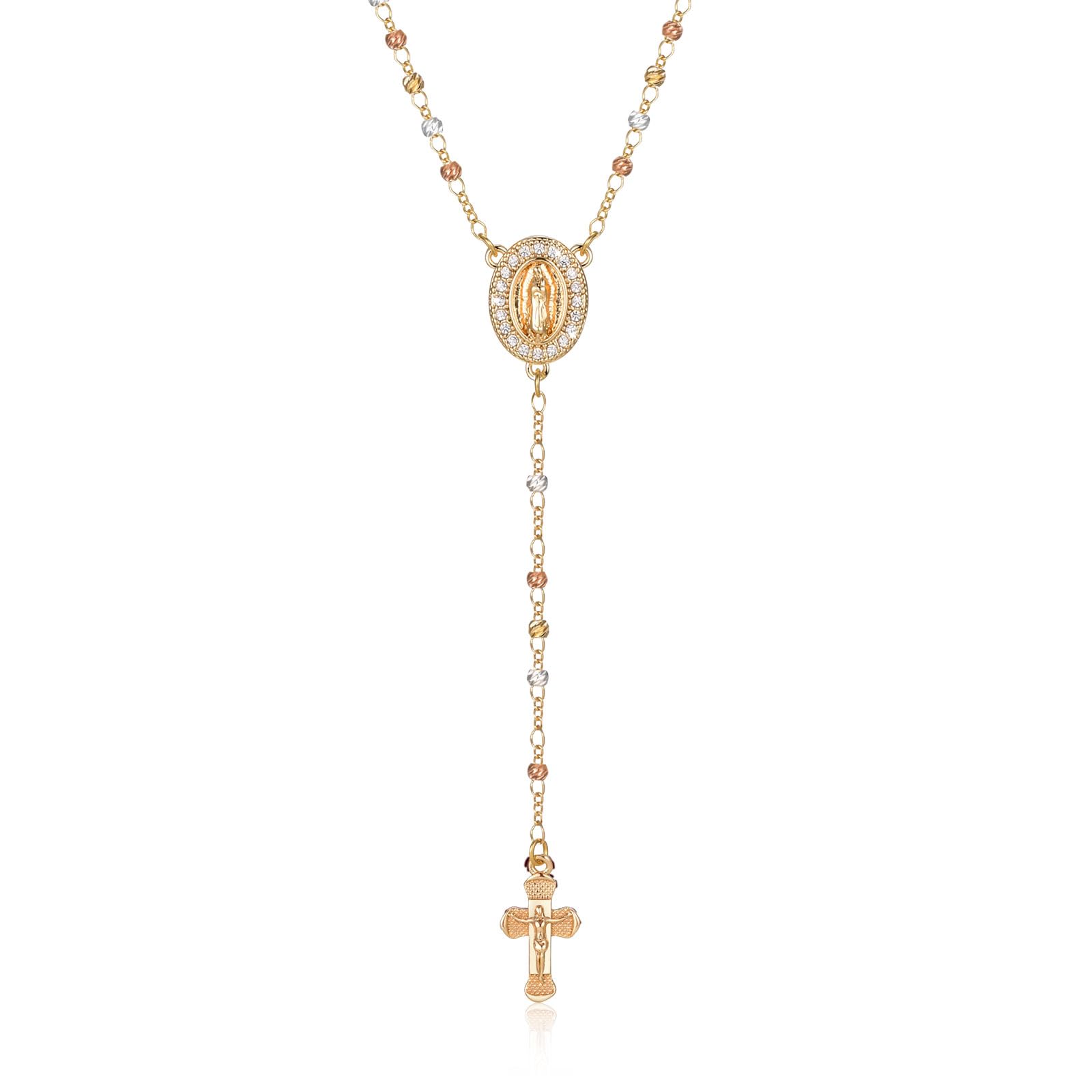 Women's Gold Virgin Mary Necklace - 14k Gold Plated Rosary Bead Cross Necklaces,Hypoallergenic Non Tarnish Gold Catholic Y Chain Necklace,Religious Rosary Beads Crucifix Necklaces Jewelry Gift for Her