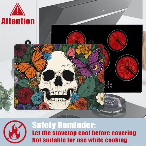 Image of Stove Top Covers for Electric Stove,Halloween Skull Flat Top Stove Cover,Colorful Butterfly Flowers Heat Resistant Glass Top Stove Cover Protector Anti-Slip Range Covers, 28 x 20 Inch