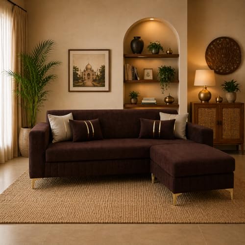 Image of CASASTYLE Noviq 4 Seater L Shape Sofa Set with Movable Ottoman | Flexible Left or Right Layout | Cozy Velvet Fabric | Soft Touch Seating | Modern Designer Sofa for Living Room (Dark Brown)