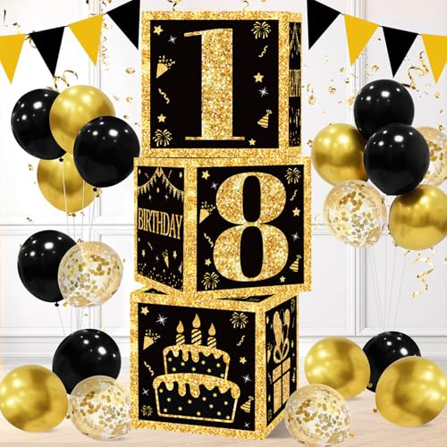 Decoraciones para 18º Cumpleaños, 3pcs Caja de cumpleaños Oro Negro, Caja para globos regalos jovenes 18 años,Cumpleanos Decoración de Negros Dorados para Hombres y mujeres Decoracion 18th Niños Niñas Decoraciones para 18º Cumpleaños, 3pcs Caja de cumpleaños Oro Negro, Caja para globos regalos jovenes 18 años,Cumpleanos Decoración de Negros Dorados para Hombres y mujeres Decoracion 18th Niños Niñas