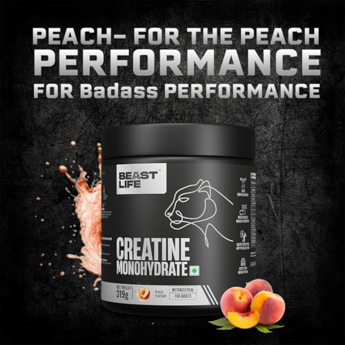 Image of BeastLife Micronised Creatine Monohydrate with Free Shaker | 319 g | 86 Servings | Peach | NABL Lab Tested | Rapid Absorption for Muscle Strength & Athletic Performance | Super Micronised Creatine Powder