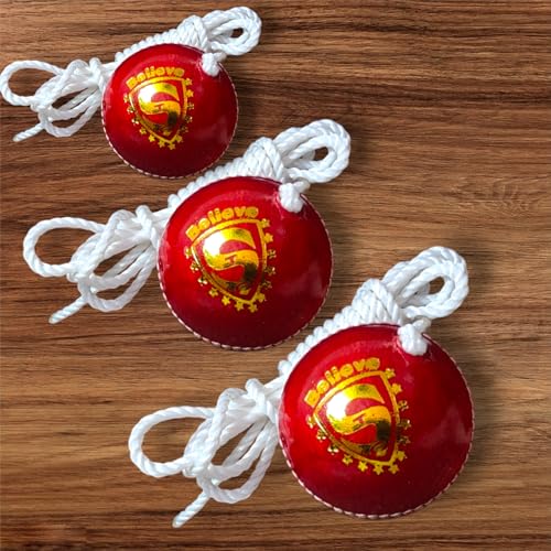 Image of Leather Cricket Shot Practice Hanging Ball, String Cricket Ball and Knocking Cricket Ball with Rope, RED, Pack of 1 (Red)