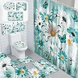 FuWeave 8 Pcs Rustic Farmhouse Shower Curtain Sets for Bathroom Daisy Floral and Butterfly Shower Curtain Sets with Rugs, Flowers Towels, Non-Slip Rug, Toilet Lid Cover, Bath Mat and 12 Hooks(Teal)