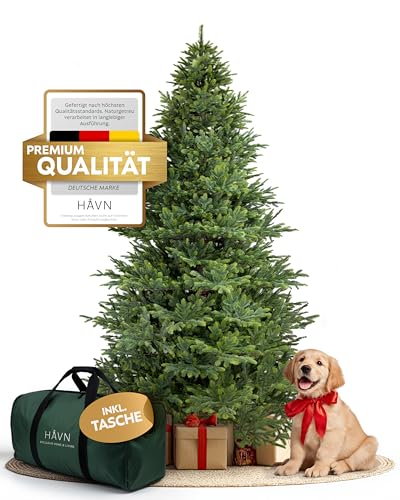 Håvn ® 100 % Spritzguss Künstlicher Weihnachtsbaum (150 cm) – Naturgetreuer Stamm, extra dichte Zweige, inkl. Holzständer & Tasche – Premium Tannenbaum