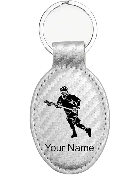 LaserGram Oval Keychain, Lacrosse Player Man, Personalized Engraving Included