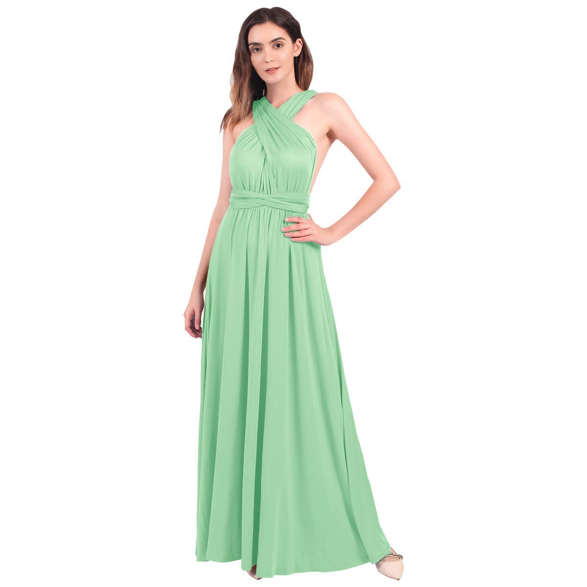 Abendkleid Lang Damen Elegant Rückenfreies Multiway Bandage Wickelkleid Festlich Hochzeitskleid Brautkleid Brautjungfernkleider Cocktailkleid Weihnachten Silvester Partykleid Ballkleid Minzgrün S