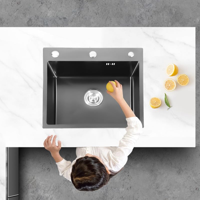 Fregadero Cocina 1 Seno 50 x 45 cm Acero Inoxidable Negro con Desagüe y Dispensador de Jabón, Fregadero Sobre Encimera o Enrasado