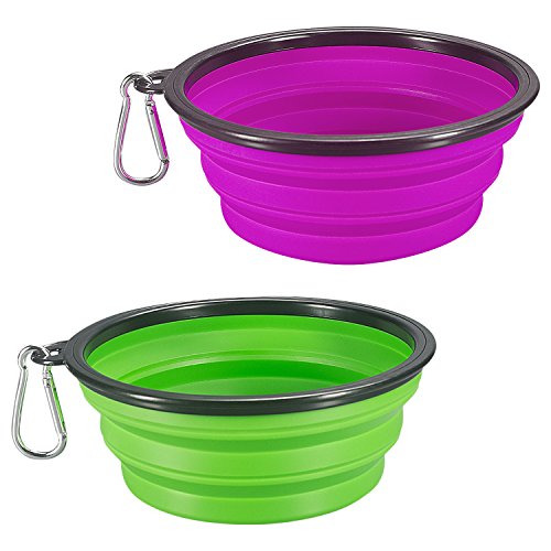COMSUN Collapsible Dog Bowl, 2-Pack Foldable Expandable Cup Dish for Pet Cat Food Water Feeding Portable Travel Bowl Green and Purple