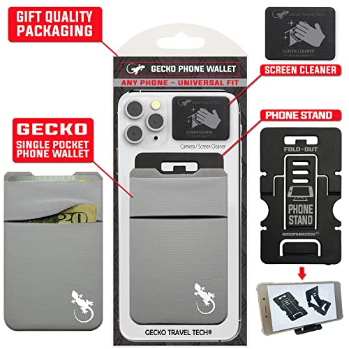 Image of Gecko Travel Tech Double Pocket - Adhesive Card Holder - Cell Phone Pouch - Stick on Lycra Pocket - Carry Credit Cards and Cash - Gray-White