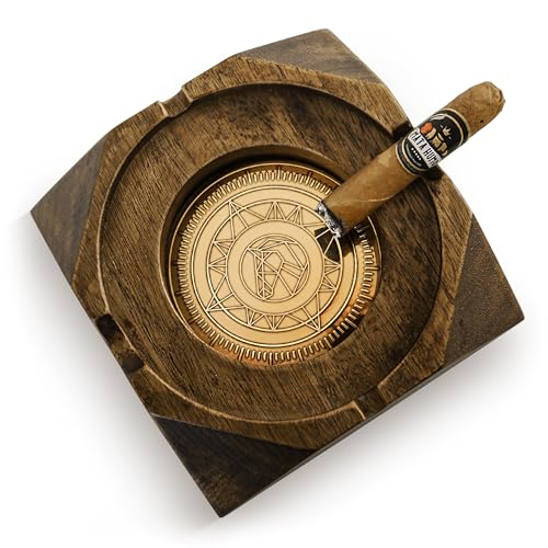 Wooden Cigar Ashtray Accessories for Cigarettes - Indoor Outdoor Patio Home Office Use - Quadrangular Wooden Brown Ash Tray Gift Set for Men Great Decor for Home Office or Bar
