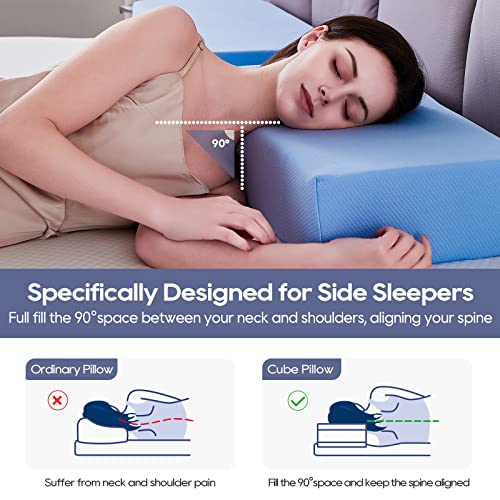 Os Omystyle Cube Pillow For Side Sleepers 24"X12"X4" Memory Foam Pillow Support Neck And Shoulder For Pain Relief, Rectangle Bed Pillow For Sleeping With Bamboo Cover - King, Queen, Square | Blue #TOP1