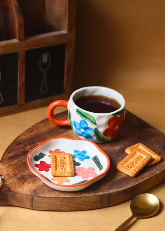 Image of WEAVING HOMES Handcrafted Ceramic Brightday Mug & Dessert Plate (Set of 2, Multicolor) - Coffee Mugs and Dessert Plates for Birthday Gifts, Mugs for Office and Travel