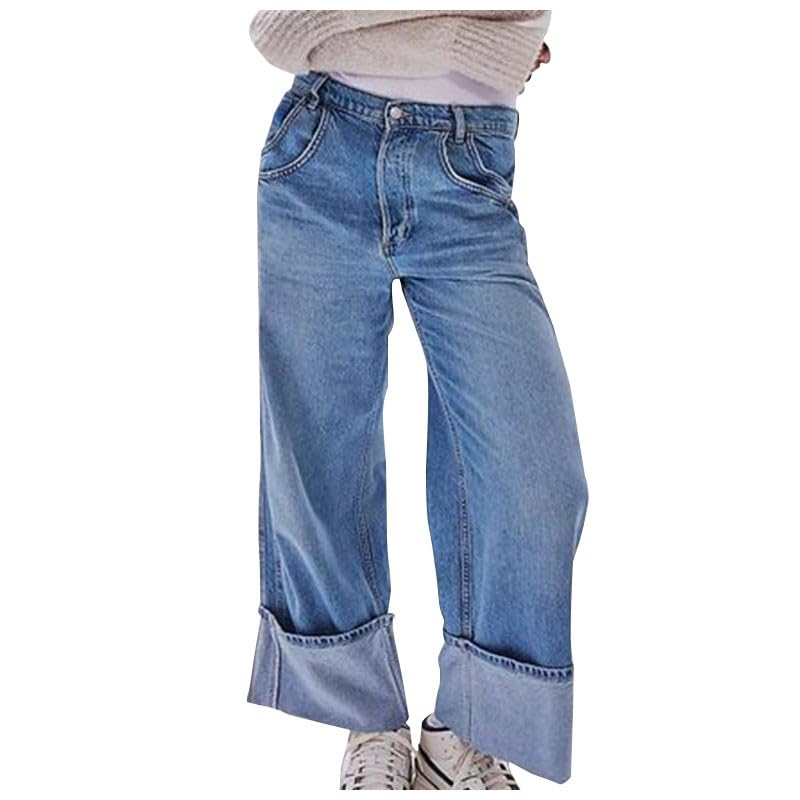 Women's Wide Leg Jeans, High Waisted Straight Leg Denim Pants Y2K Loose Trendy Boyfried Pants with Pockets