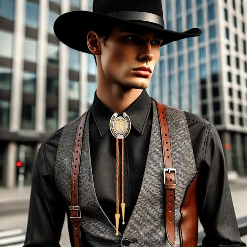 Image of Bolo tie for Men Western Cowboy Brown Leather Necktie Gold Initial Letter ABCDJMR to Z Bolo ties for Women