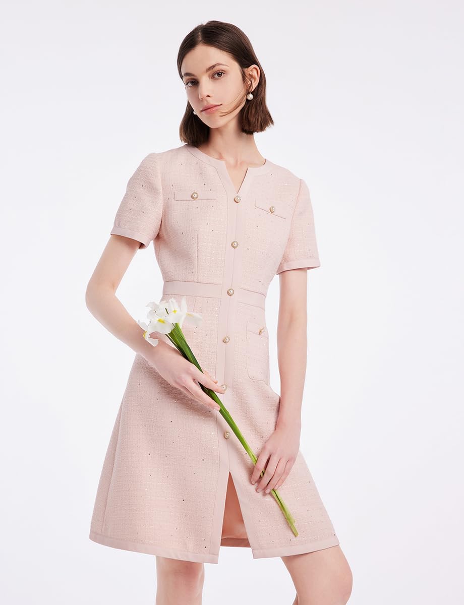 GOELIA 2026 Summer Tweed Dresses for Women Short Sleeve A-Line Spring Crew Neck Lace Elegant Dress Casual Daily Work