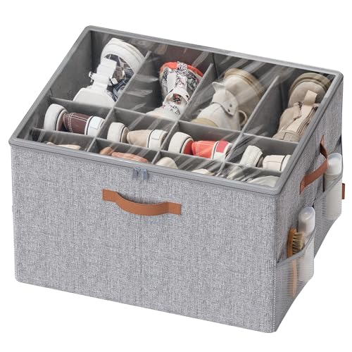 SONGMICS Shoe Organiser Box, Shoe Storage for Wardrobe, Fits 16 Pairs, Container Bin with Handles and Clear Cover, Adjustable Dividers, Customisable, Dove Grey LSP555G01